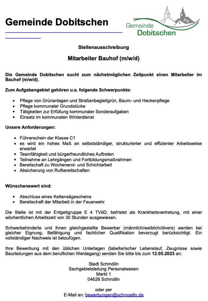 Dobitschen Stellenausschreibung "Bauhofmitarbeiter" (12.05.2023)